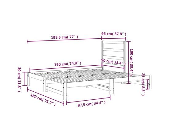 Pat de zi extensibil, gri, 2x(90x190) cm, lemn masiv de pin, 9 image