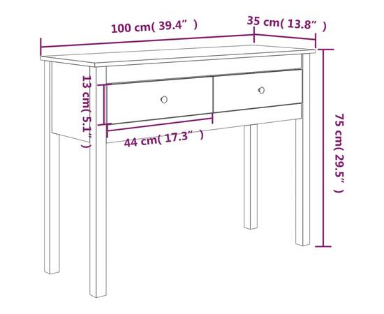 Masă consolă, 100x35x75 cm, lemn masiv de pin, 10 image