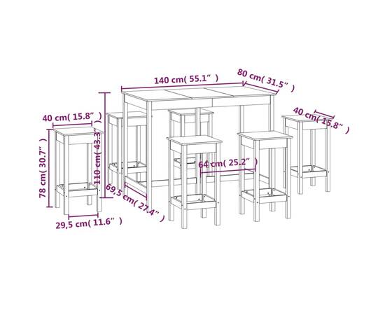 Set mobilier de bar, 7 piese, negru, lemn masiv de pin, 8 image