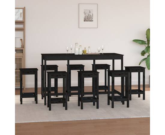 Set mobilier de bar, 9 piese, negru, lemn masiv de pin, 6 image
