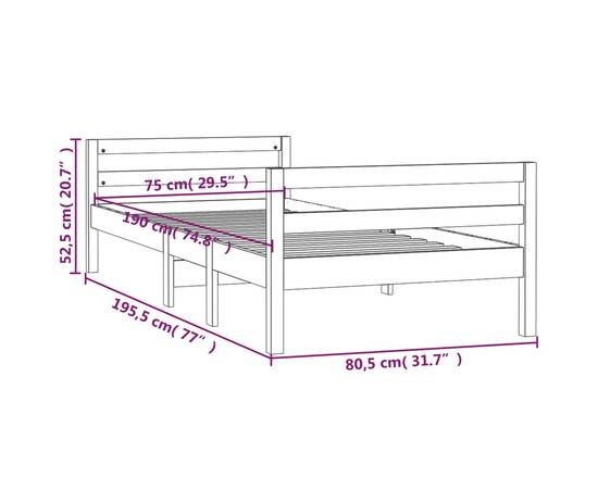 Cadru de pat, alb, 75x190 cm, lemn masiv de pin, 8 image