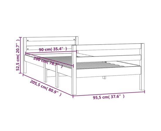Cadru de pat, gri, 90x200 cm, lemn masiv de pin, 8 image