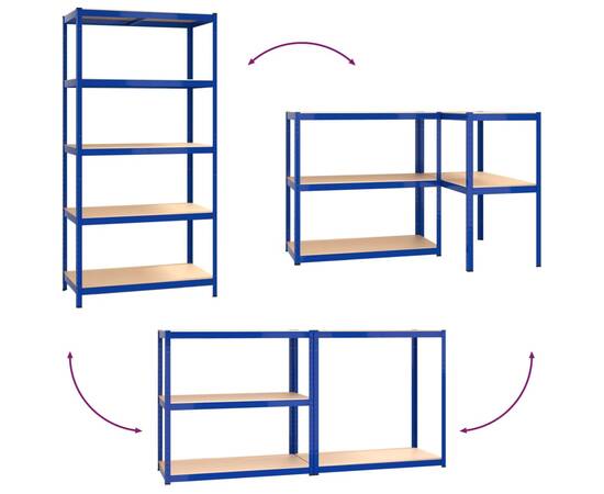 Rafturi de depozitare cu 5 niveluri, 2 buc., albastru oțel/lemn, 9 image