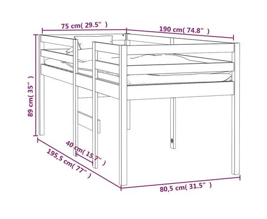 Pat înalt de dormitor, alb, 75x190 cm, lemn masiv de pin, 8 image