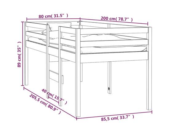 Pat înalt de dormitor, alb, 80x200 cm, lemn masiv de pin, 8 image