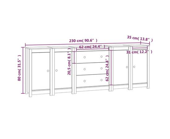 Servantă, 230x35x80 cm, lemn masiv de pin, 7 image