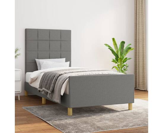 Cadru de pat cu tăblie, gri închis, 90x200 cm, textil