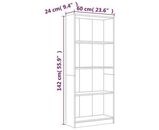 Bibliotecă 4 niveluri stejar fumuriu 60x24x142 cm lemn compozit, 6 image