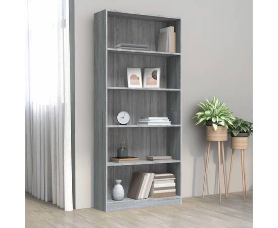 Bibliotecă 5 niveluri gri sonoma 80x24x175 cm lemn compozit