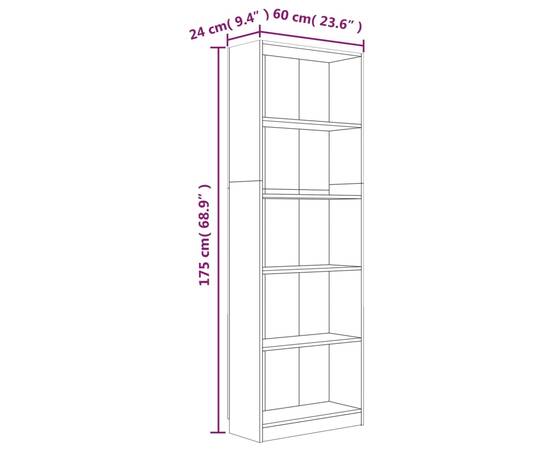 Bibliotecă cu 5 niveluri gri sonoma 60x24x175 cm lemn compozit, 6 image