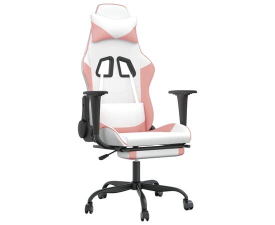 Scaun de gaming pivotant cu suport picioare alb&roz piele eco, 2 image