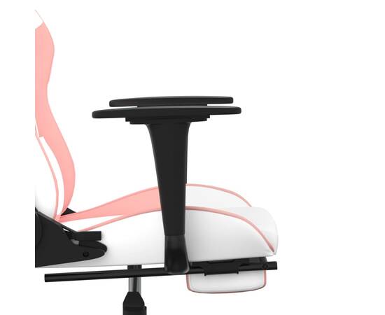 Scaun de gaming pivotant cu suport picioare alb&roz piele eco, 9 image
