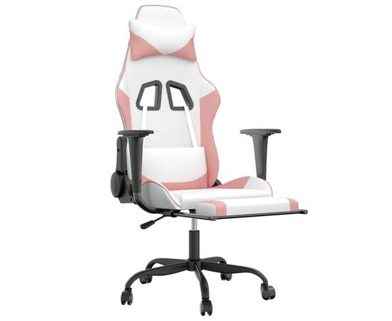 Scaun de gaming pivotant cu suport picioare alb&roz piele eco, 3 image