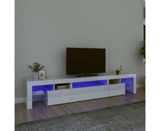 Comodă tv cu lumini led, alb extralucios, 215x36,5x40cm