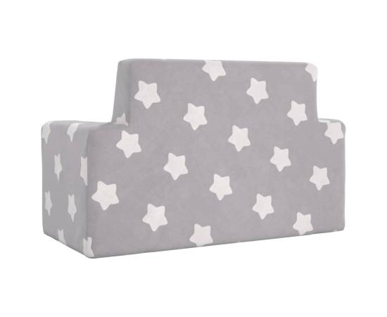 Canapea pentru copii 2 locuri, gri deschis cu stele, pluș moale, 5 image
