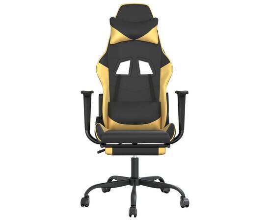 Scaun de gaming cu masaj/suport picioare negru/auriu piele eco, 4 image