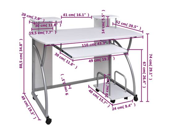 Birou de computer, alb, 110x52x88,5 cm, lemn prelucrat, 6 image