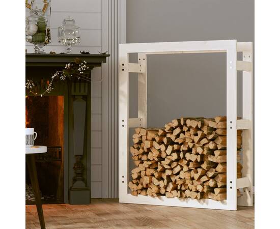 Rastel pentru lemne de foc, alb, 80x25x100 cm, lemn masiv pin, 3 image
