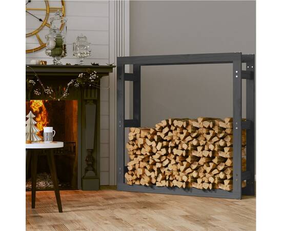 Rastel pentru lemne de foc, gri, 100x25x100 cm, lemn masiv pin, 3 image
