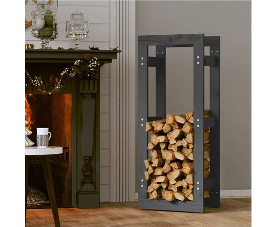 Rastel pentru lemne de foc, gri, 41x25x100 cm, lemn masiv pin, 3 image