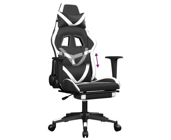 Scaun de gaming cu suport picioare, negru/alb, piele ecologică, 8 image