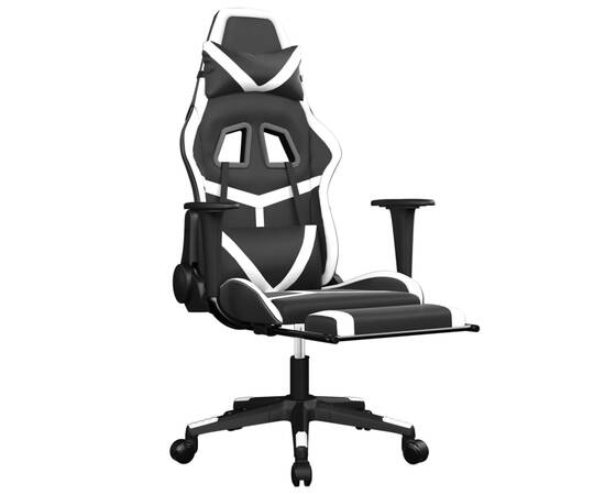 Scaun de gaming cu suport picioare, negru/alb, piele ecologică, 6 image
