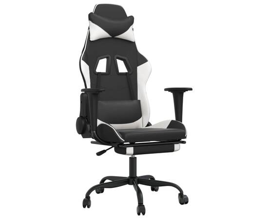 Scaun de gaming cu suport picioare, negru/alb, piele ecologică, 2 image