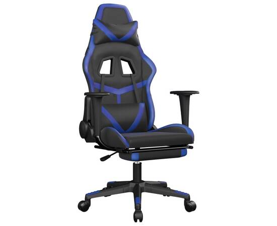 Scaun de gaming cu suport picioare, negru/albastru, piele eco, 2 image