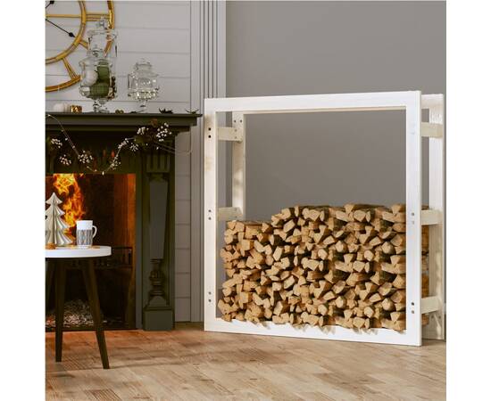 Rastel pentru lemne de foc, alb, 100x25x100 cm, lemn masiv pin, 3 image