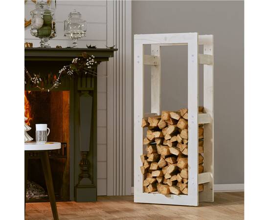 Rastel pentru lemne de foc, alb, 41x25x100 cm, lemn masiv pin, 3 image