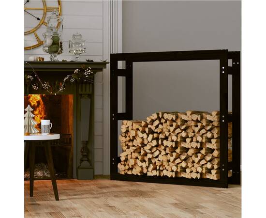 Rastel pentru lemne de foc, negru, 100x25x100 cm lemn masiv pin, 3 image