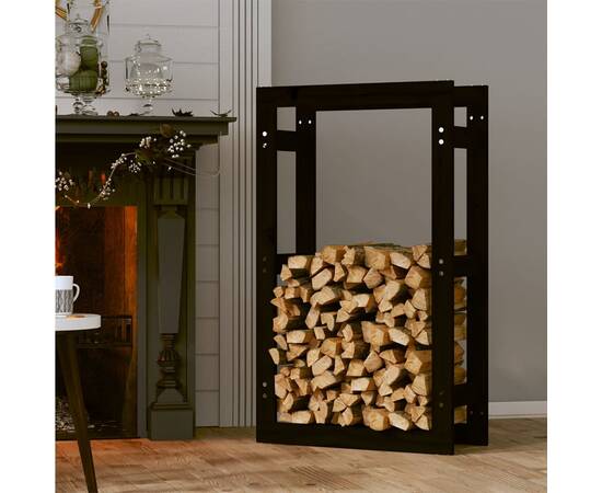 Rastel pentru lemne de foc, negru, 60x25x100 cm lemn masiv pin, 3 image