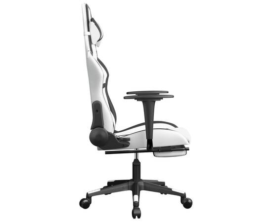 Scaun de gaming cu suport picioare, alb/negru, piele ecologică, 4 image