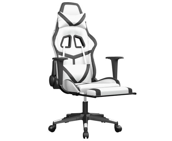 Scaun de gaming cu suport picioare, alb/negru, piele ecologică, 6 image