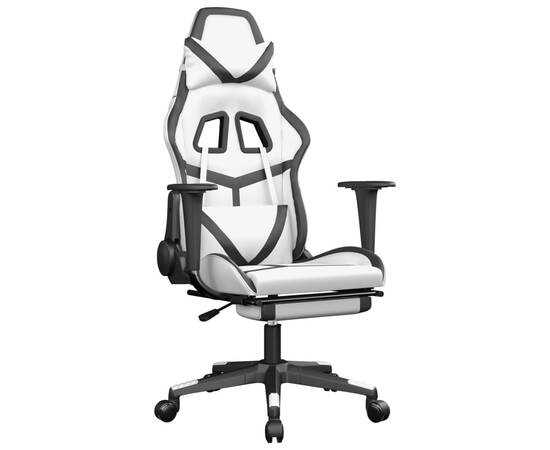 Scaun de gaming cu suport picioare, alb/negru, piele ecologică, 2 image