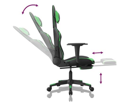 Scaun de gaming cu suport picioare negru/verde, piele ecologică, 7 image