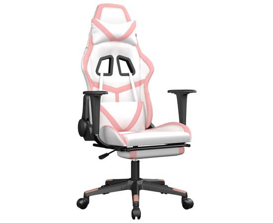 Scaun de gaming cu suport picioare, alb/roz, piele ecologică, 2 image