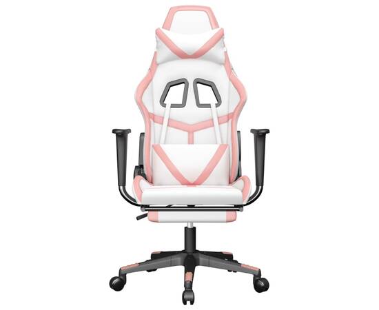 Scaun de gaming cu suport picioare, alb/roz, piele ecologică, 3 image