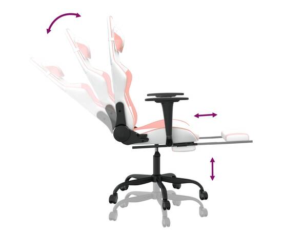 Scaun de gaming cu suport picioare, alb/roz, piele ecologică, 7 image