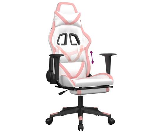 Scaun de gaming cu suport picioare, alb/roz, piele ecologică, 8 image