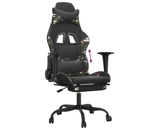 Scaun de gaming cu suport picioare, negru/camuflaj, piele eco, 8 image