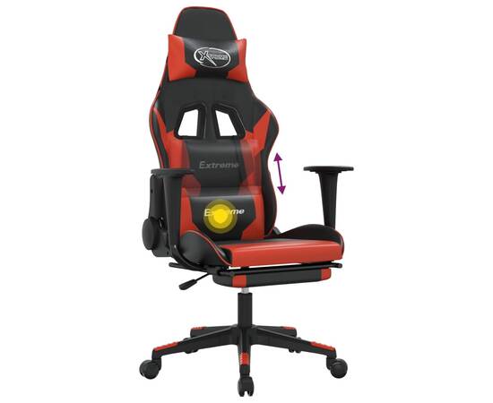 Scaun de gaming cu masaj/suport picioare, negru/roșu, piele eco, 8 image