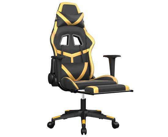 Scaun de gaming cu masaj/suport picioare negru/auriu piele eco, 3 image