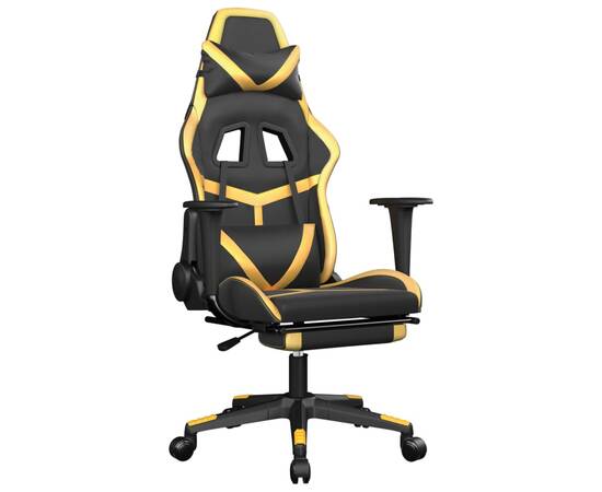 Scaun de gaming cu masaj/suport picioare negru/auriu piele eco, 2 image
