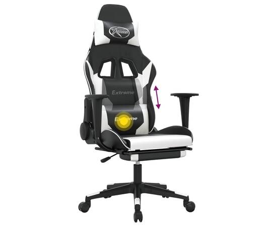 Scaun de gaming masaj/suport picioare alb/negru piele eco, 8 image