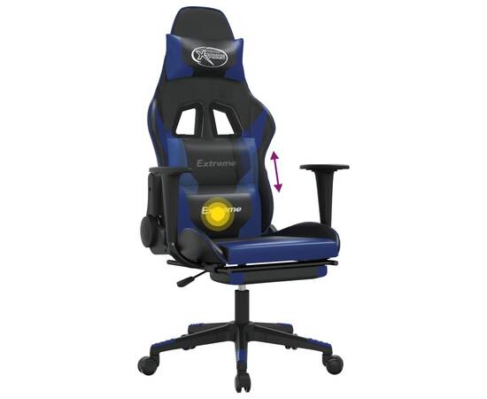 Scaun de gaming masaj/suport picioare negru/albastru piele eco, 8 image