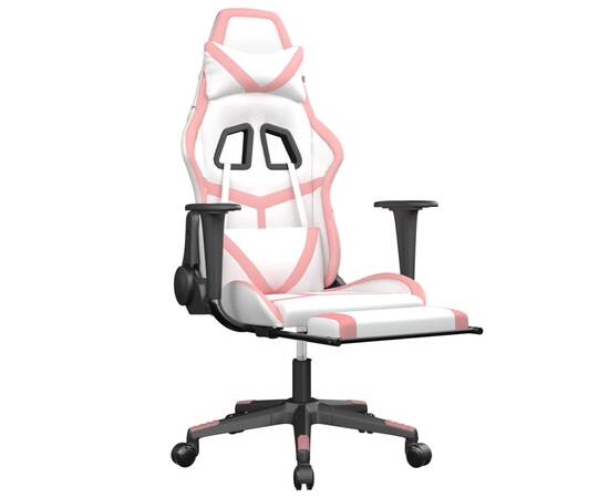 Scaun gaming de masaj/suport picioare, alb/roz, piele ecologică, 3 image