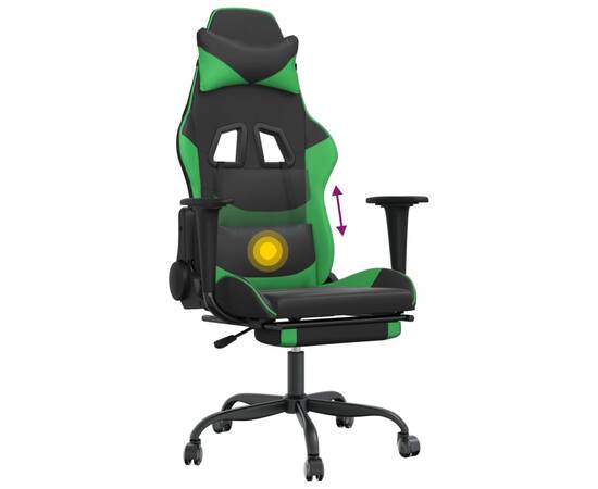 Scaun gaming de masaj/suport picioare, negru/verde, piele eco, 8 image