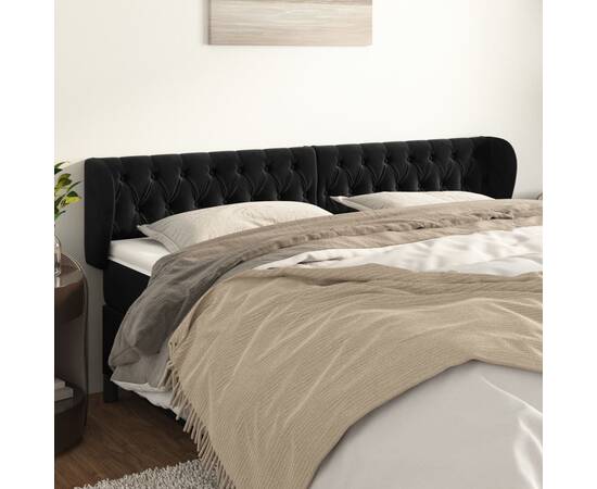 Tăblie de pat cu aripioare negru 203x23x78/88 cm catifea