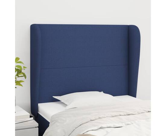 Tăblie de pat cu aripioare, albastru, 93x23x118/128 cm, textil